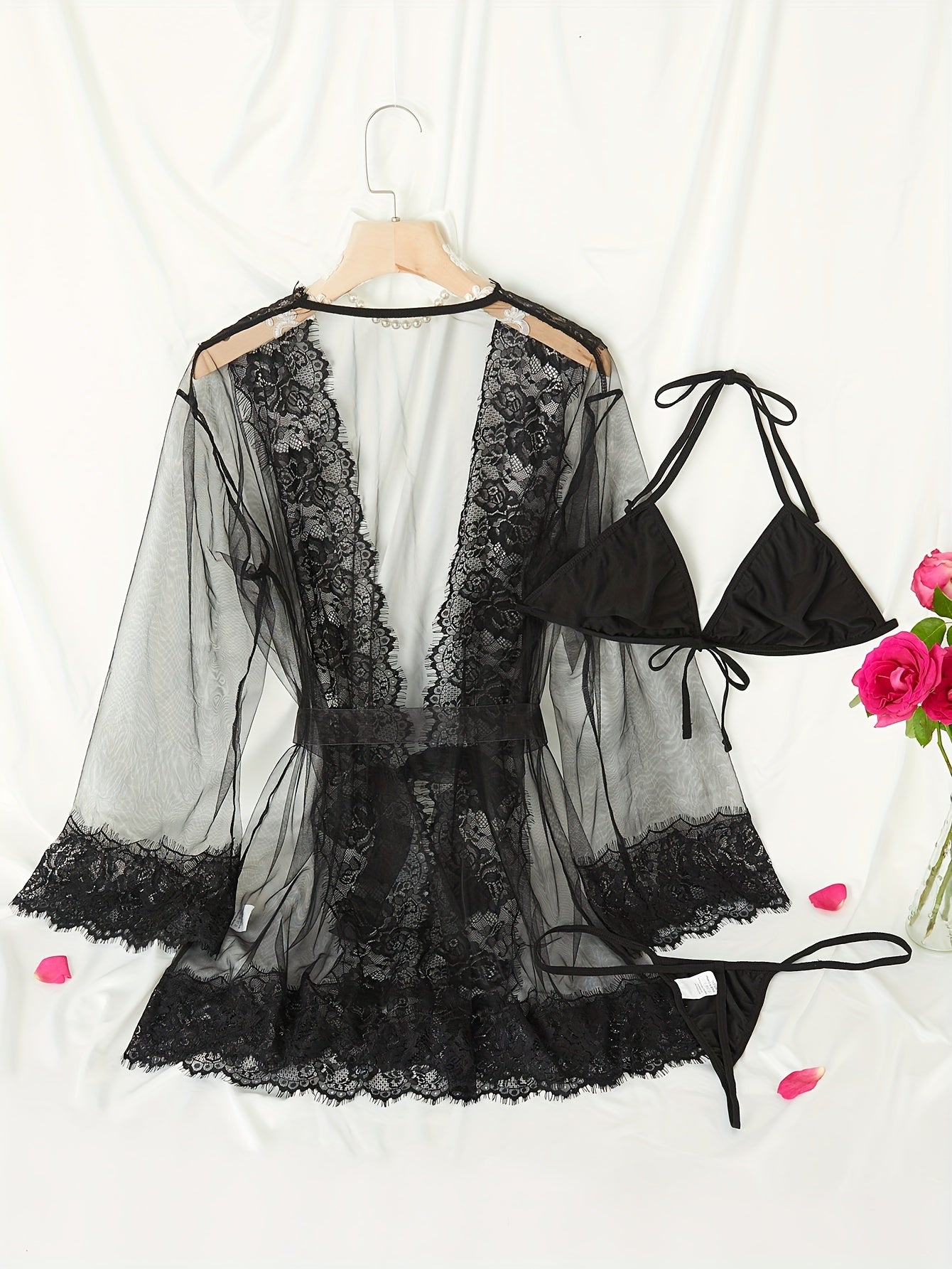 Conjunto de lencería de tallas grandes para mujer, bata de encaje en contraste, semi transparente, sujetador, tanga