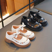 Girls' Mary Jane Shoes Fall 2024 Floral Embroidery Bow Non-Slip Rubber Sole