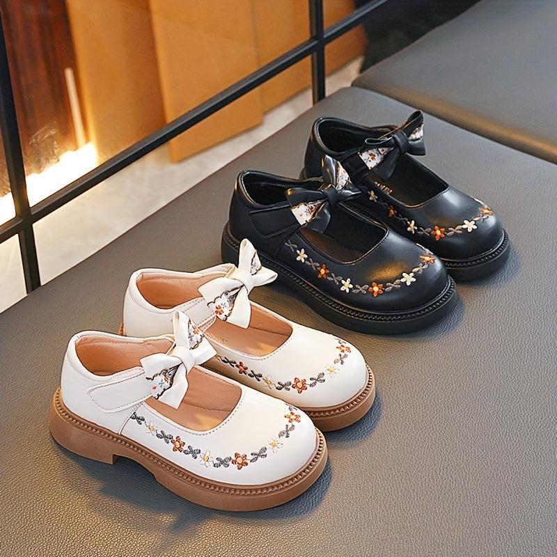 Girls' Mary Jane Shoes Fall 2024 Floral Embroidery Bow Non-Slip Rubber Sole