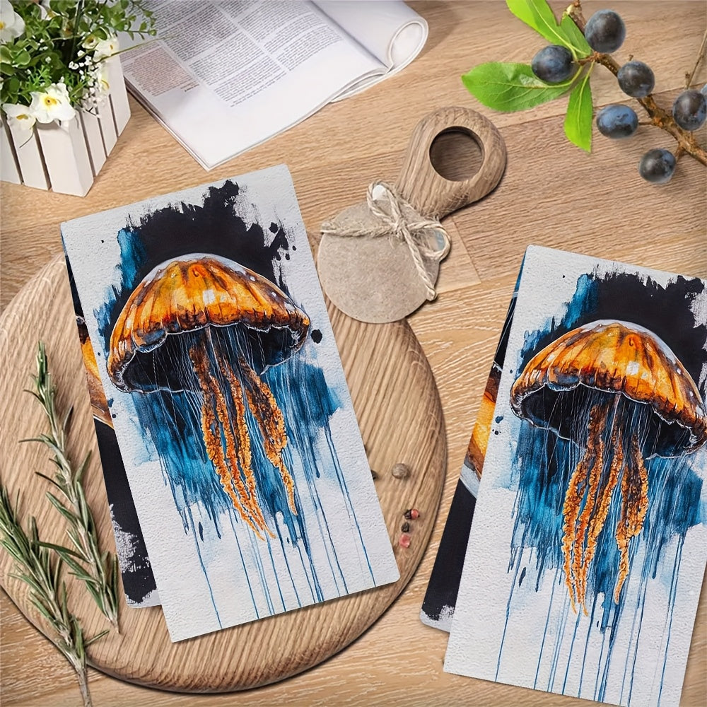 Coastal Jellyfish Kitchen Towels Set 2 Pieces, Absorbent Polyester, 16x24 Inches