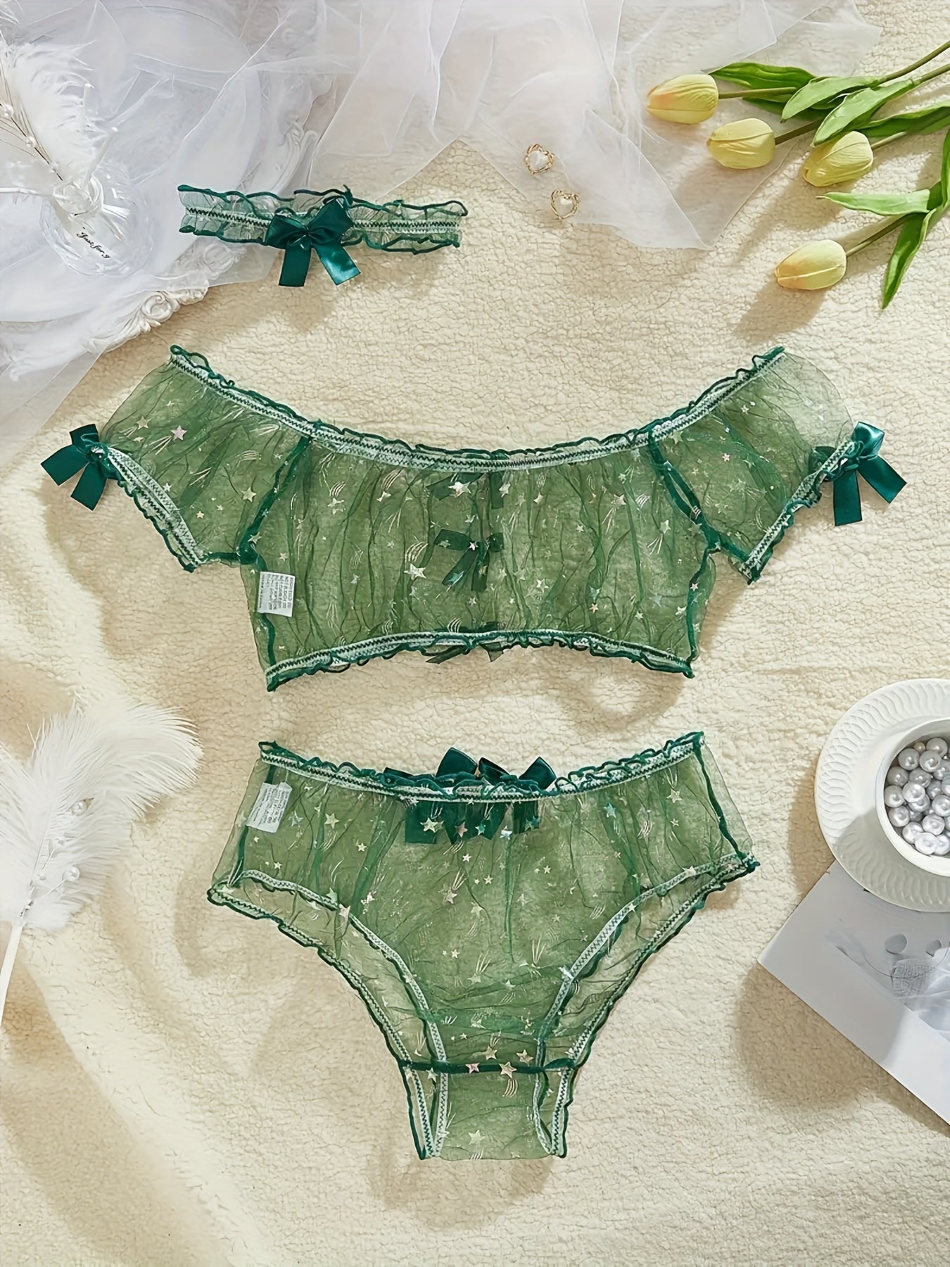 Sheer Lingerie Set with Bow Detail Bra Panty Garter Belt Breathable Polyester for Romantic Occasions