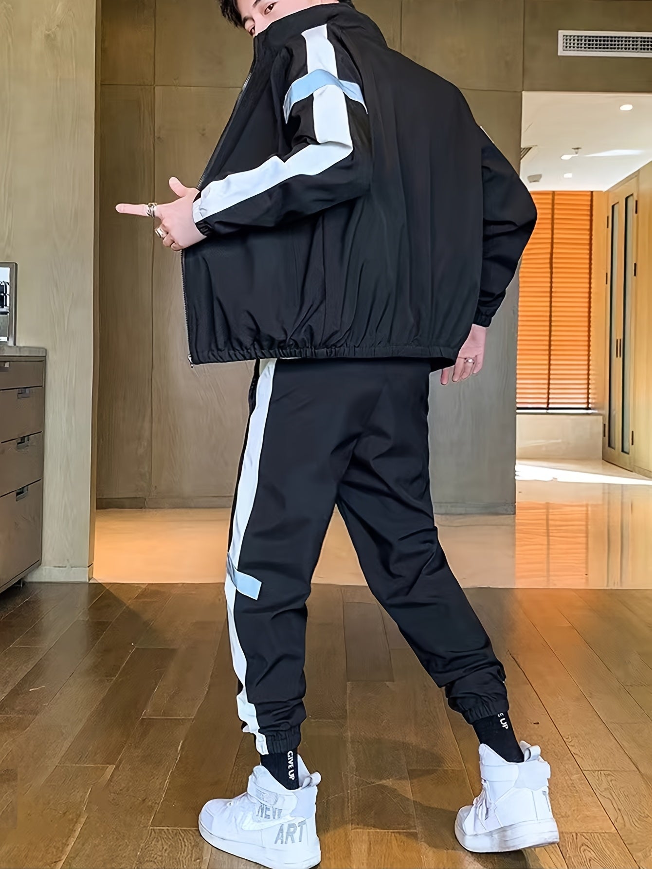 Men's Casual Sportswear Set Long Sleeve Spring Fall Jacket Two-Piece Polyester Solid