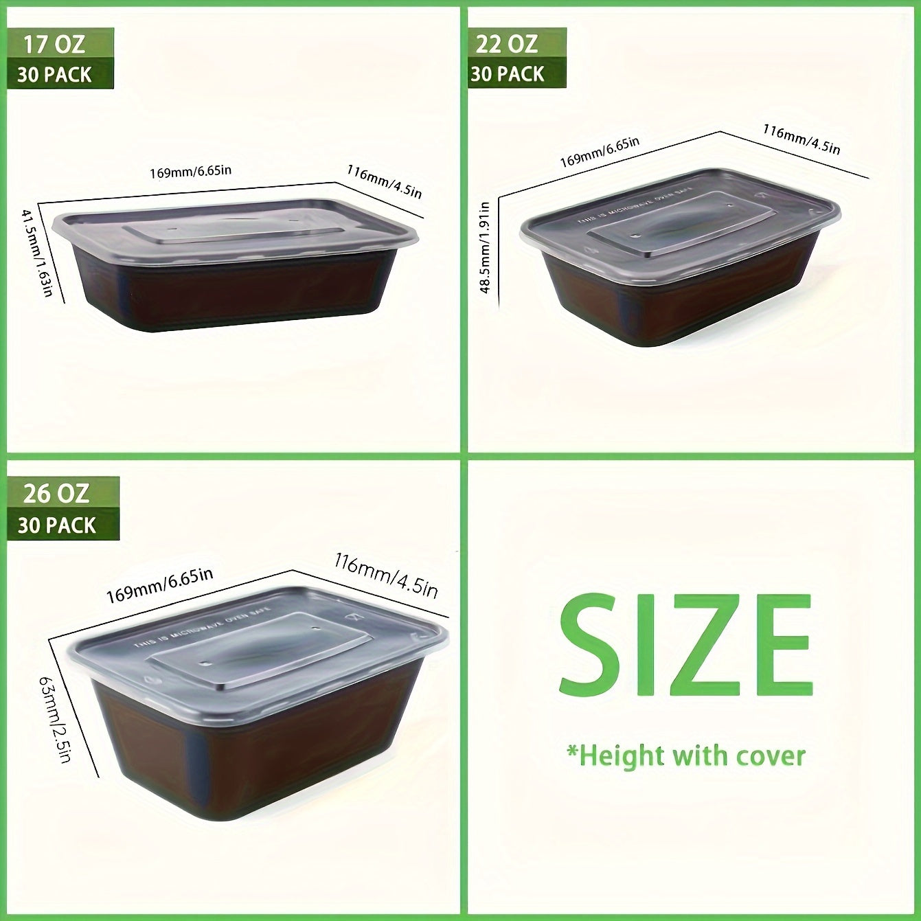 Pack of 30 Black Plastic Food Storage Containers with Lids, Leakproof, Microwave Safe