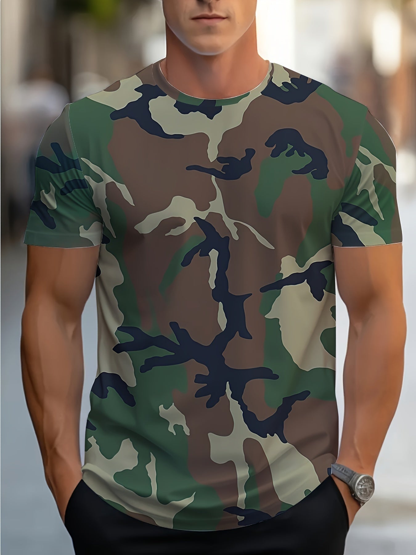 Men's Camo Print Summer Shirt Short Sleeve Breathable Polyester Casual Round Neck