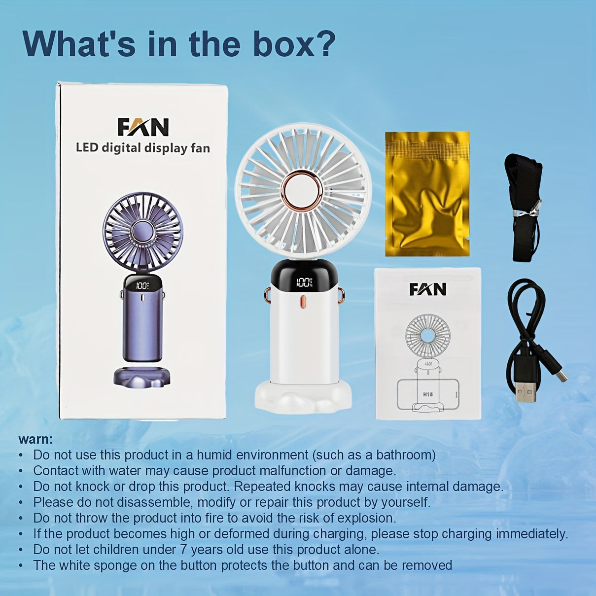 Portable Handheld Fan with Digital Display 5 Speed Adjustable Rechargeable Lithium Battery