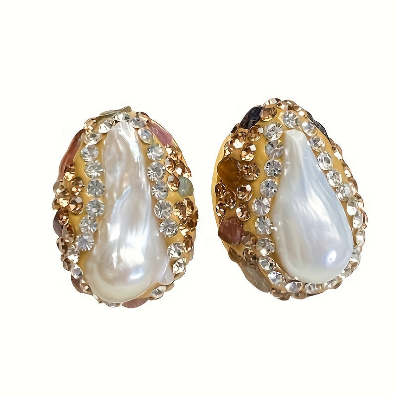 Vintage Boho Freshwater Pearl Stud Earrings with Czech Crystals and Sterling Silver Posts