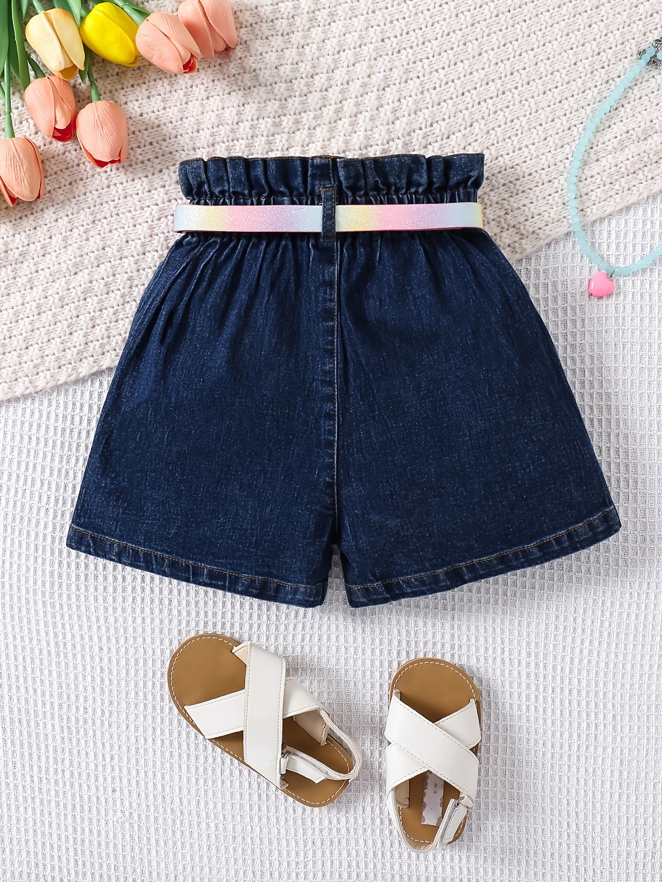 Girls' High-Waist Denim Shorts with Adjustable Belt and Pockets for Spring Summer Fall
