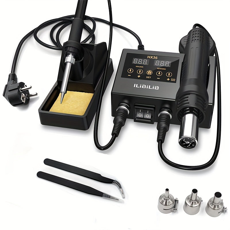 2-in-1 Rework Soldering Station Kit with Hot Air and Iron, Digital Temperature Control, 3 Nozzles, Anti-Static Tweezers, Slip-Resistant Design