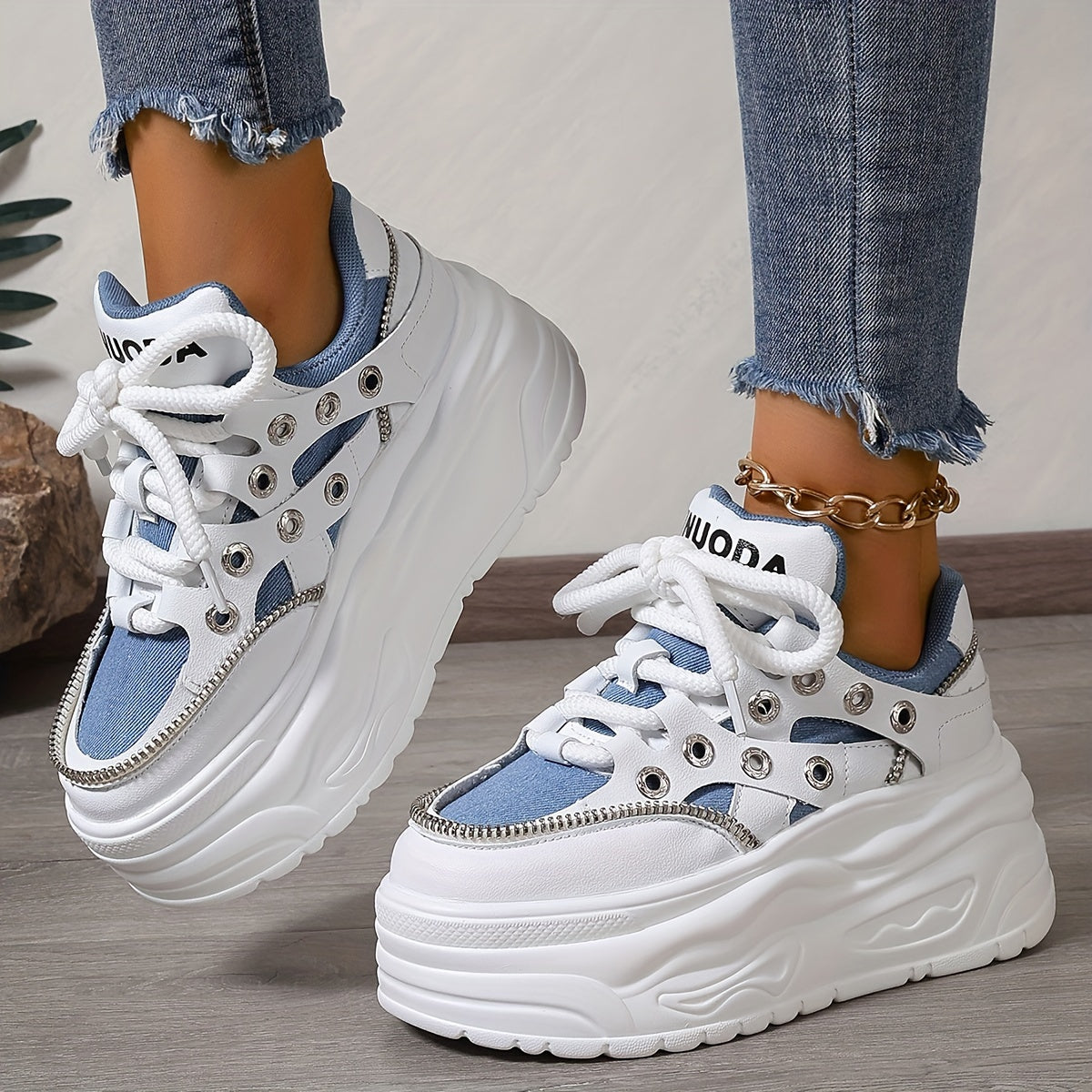 Women's Chunky Platform Sneakers Mid Top EVA Lace-Up Fashion Shoes