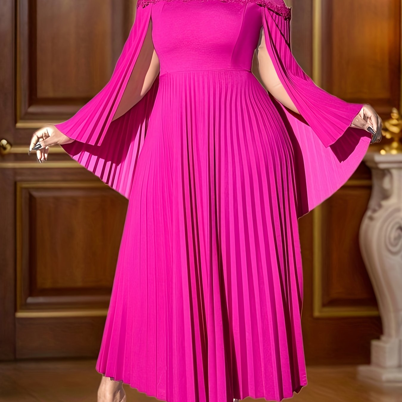 Women's Pink A-Line Dress With Cape Sleeves For Formal Events