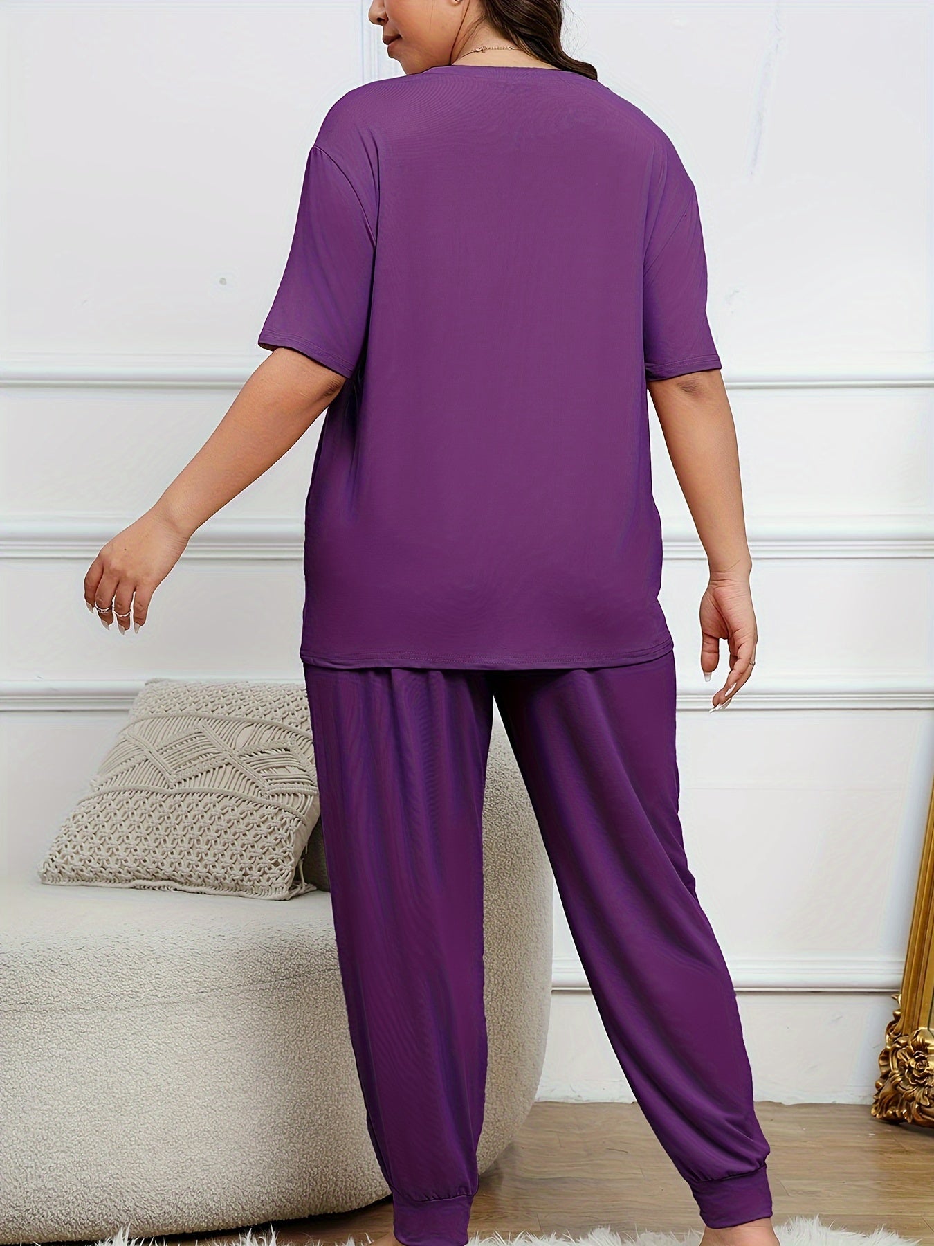 Plus Size Women's Lounge Set Beige Short Sleeve Top and Pants All-Season