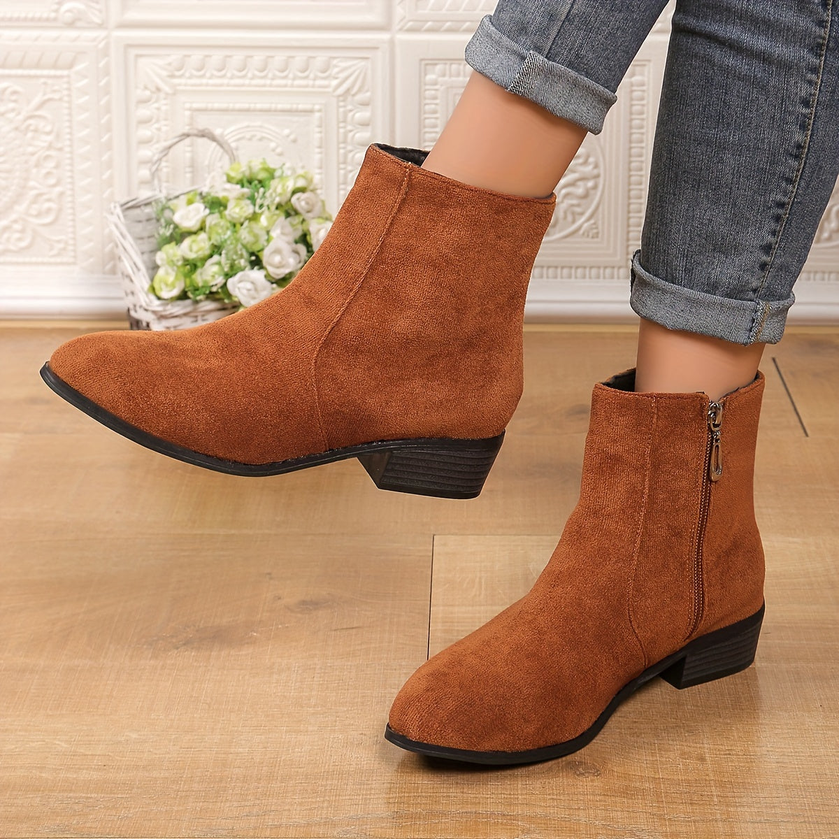 Women's Zipper Booties Retro Coarse Heel Leather Ankle Boots