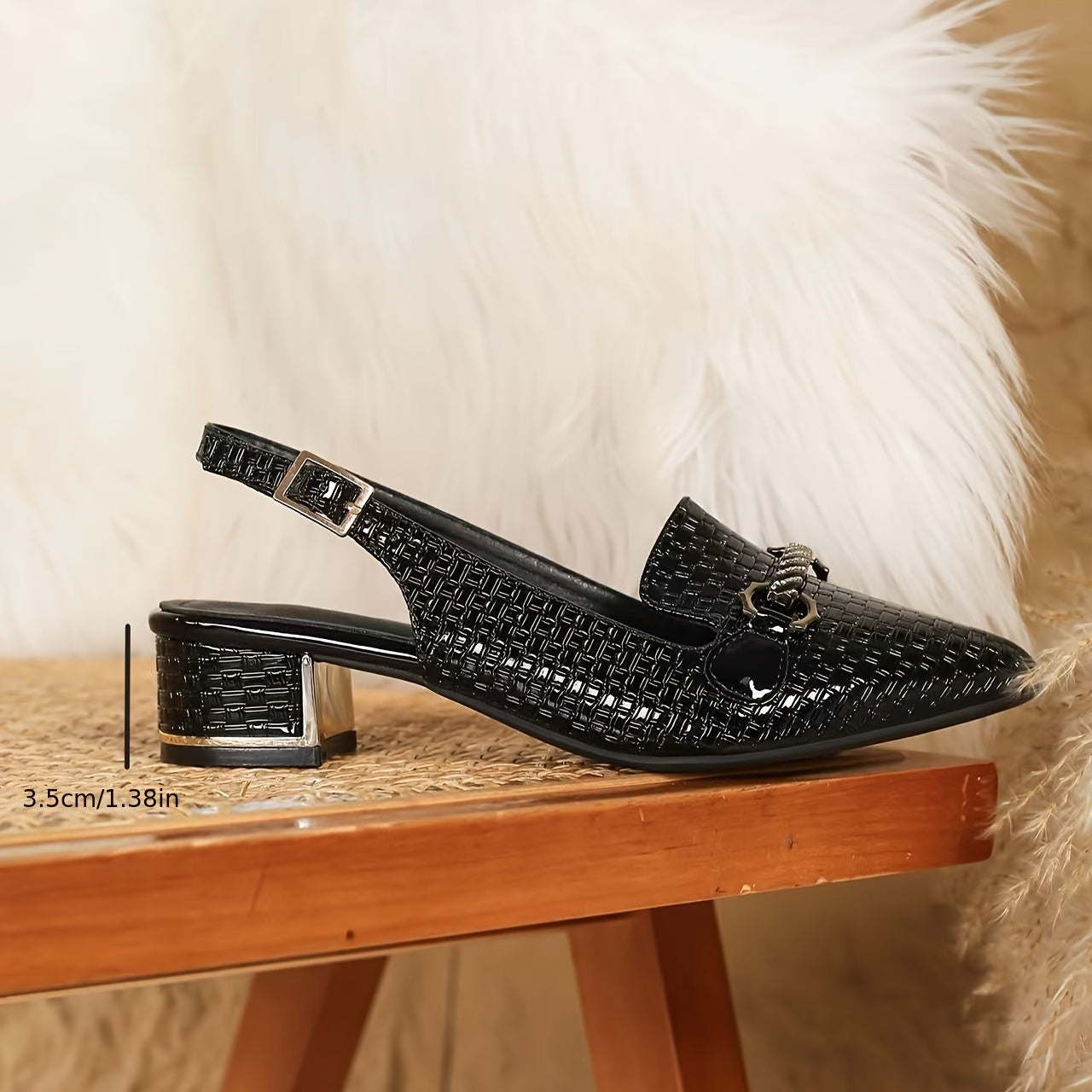 Women's Black PU Mules with Metallic Buckle, Chunky Heel, Pointed Toe