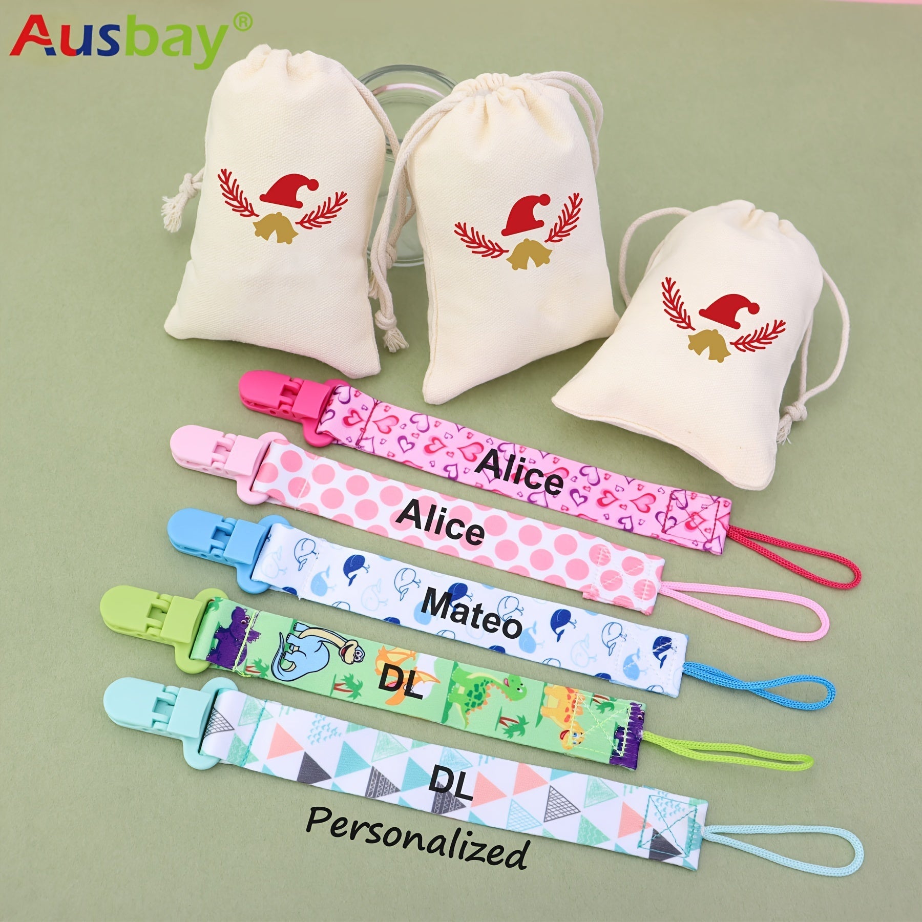 Personalized Baby Pacifier Holder Clips in Custom Gift Bags for Boys and Girls