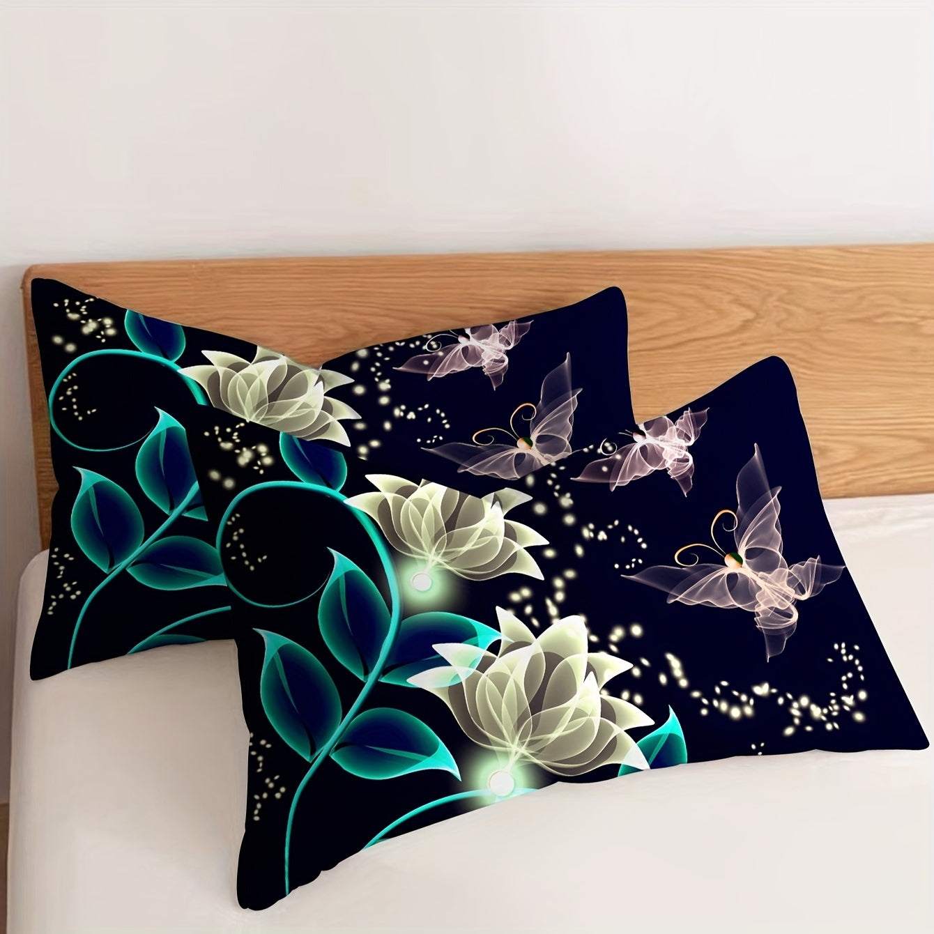 Set of 2 Glow-in-the-Dark Butterfly Fleece Pillowcases Soft Polyester Digital Print Home Decor