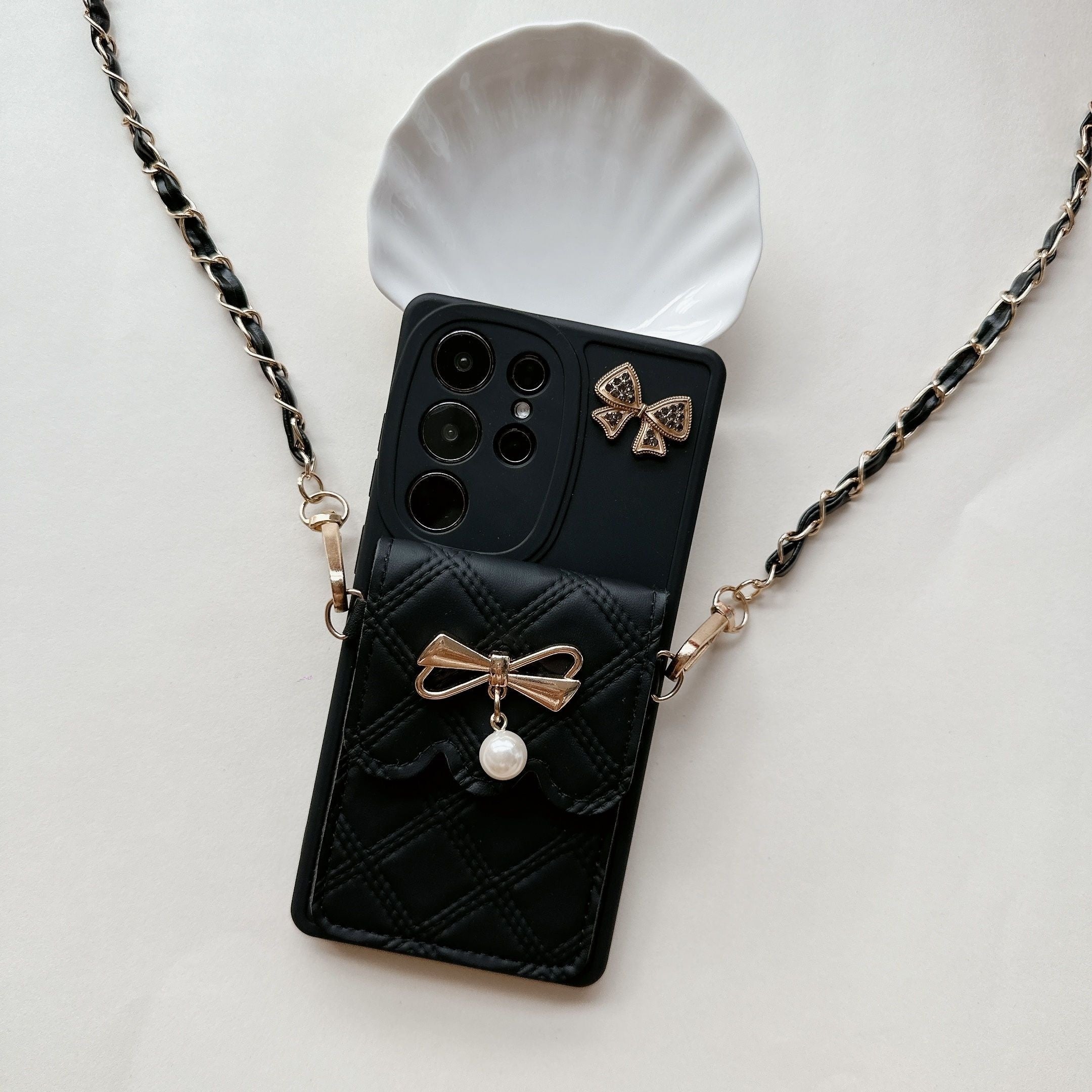 Pearl Bowknot Diamond Phone Case for Samsung Galaxy with Lanyard Full Cover Protection