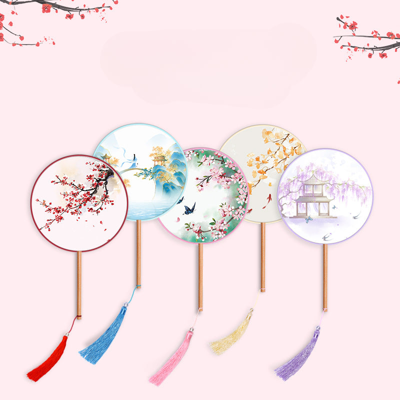 Girls Long Handle Dance Fan Traditional Hanfu Qipao Embroidered Summer Fan