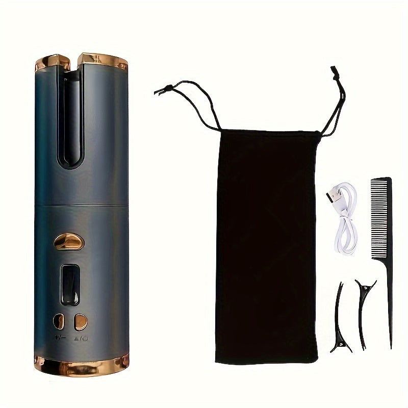 6-in-1 automatic curling iron with temperature settings rechargeable lithium battery ceramic barrel automatic shutoff blue black design