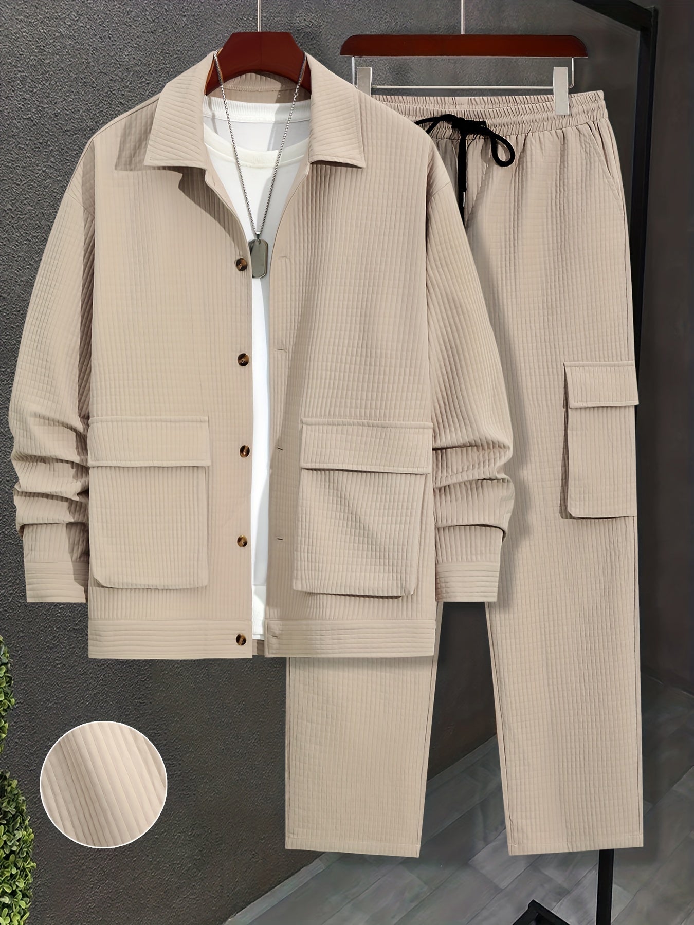 Men's Solid Color Polyester Long-Sleeved Shirt and Drawstring Casual Pants Set