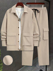 Men's Solid Color Polyester Long-Sleeved Shirt and Drawstring Casual Pants Set