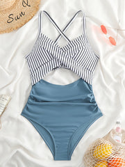 Women's Striped One-Piece Swimsuit with Cut-Out Twist and Criss Cross Tie Back