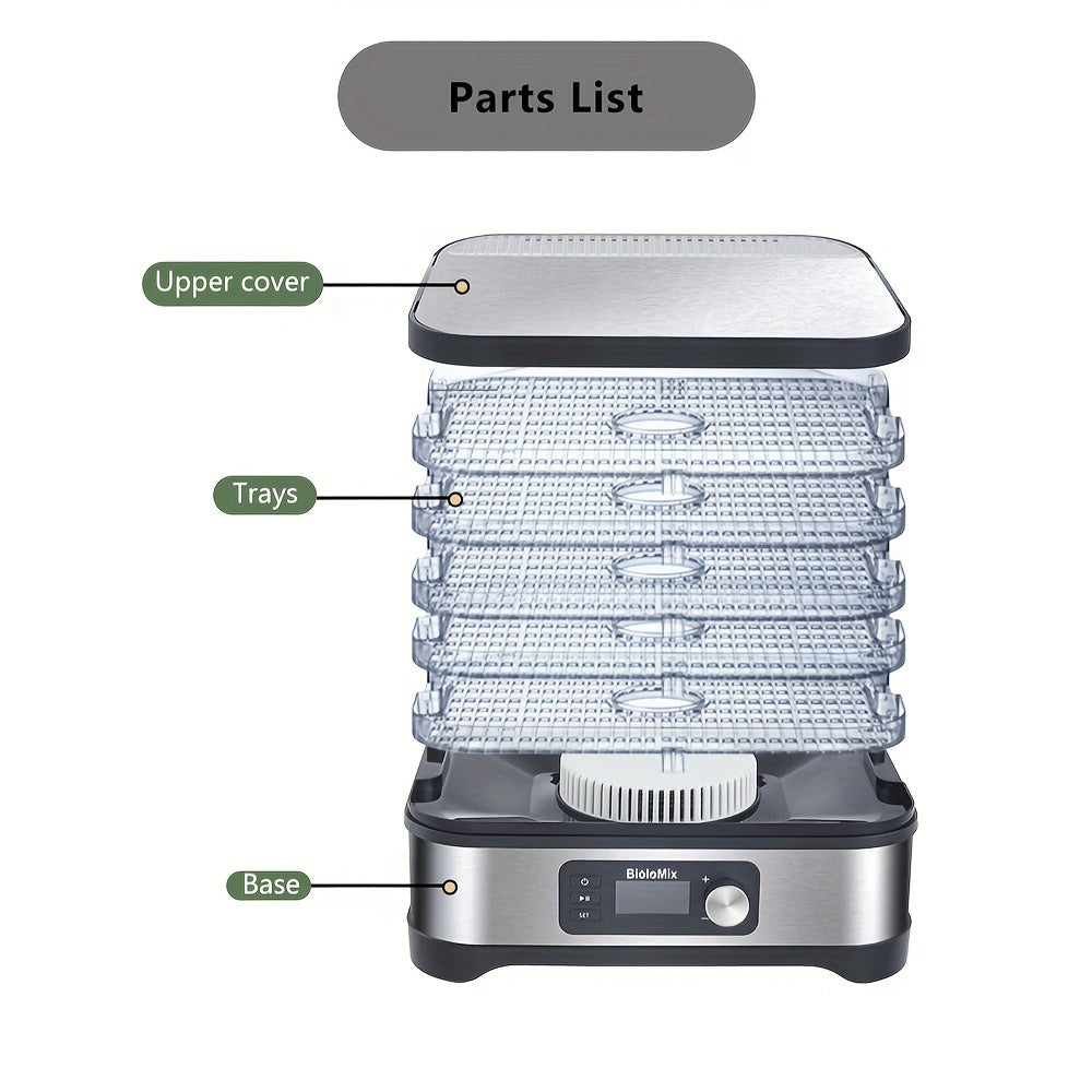 Deshidratador de alimentos con 5 bandejas, pantalla LED, temporizador digital, control de temperatura, enchufe EU