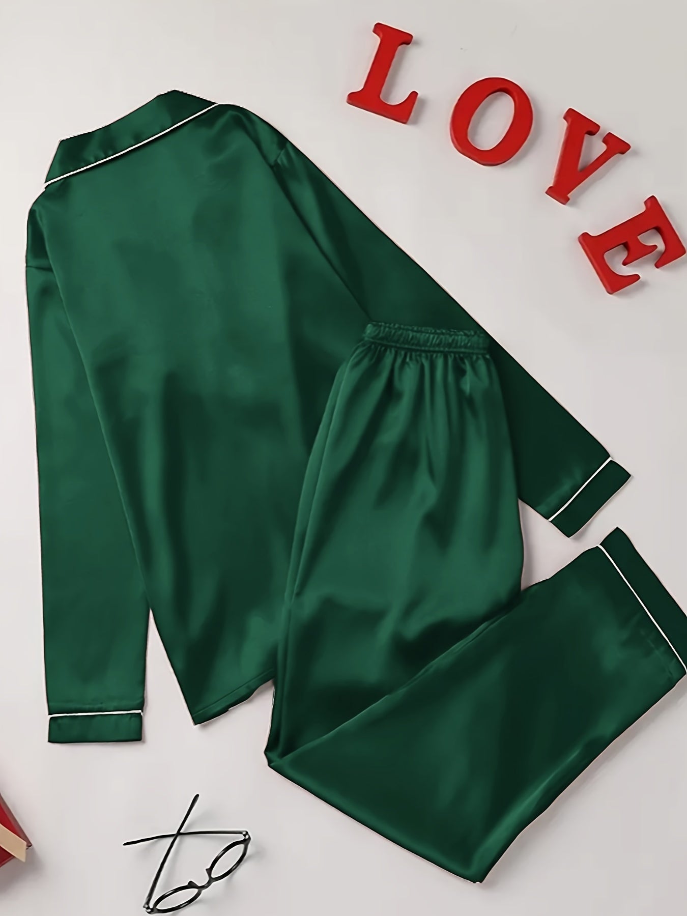 Women's Color Cardigan Pajama Set for Autumn with Long Sleeve Solid Pattern Polyester Elastane