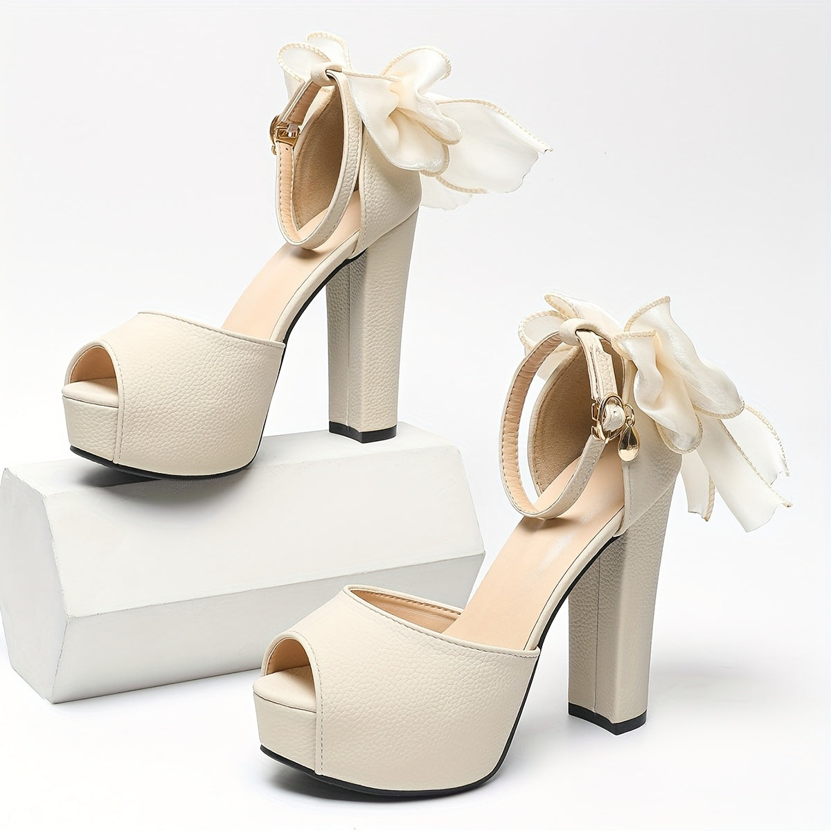 Women's Beige PVC Block Heel Shoes with Butterfly Bow Formal Pumps