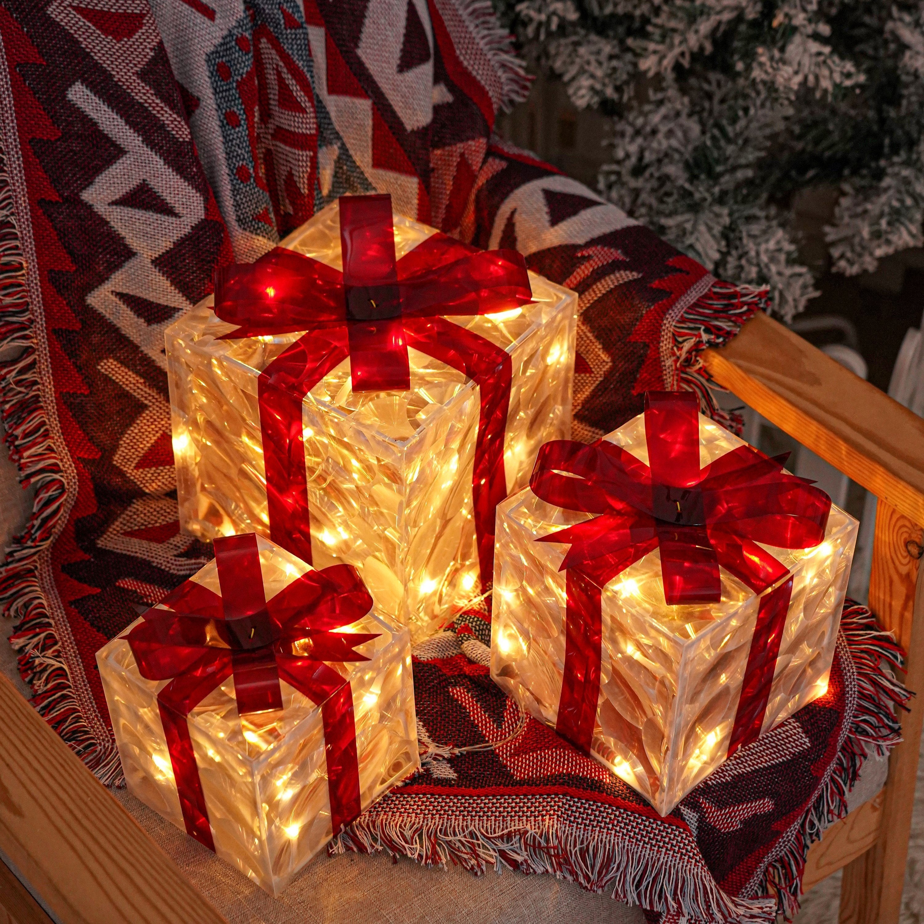 Set of 3 Christmas Lighted Gift Boxes with Warm White Lights and Red Bows for Outdoor Decorations