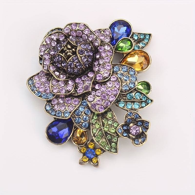 Vintage Purple Rhinestone Flower Brooch with Diamond Accents for Coat Jacket Suit