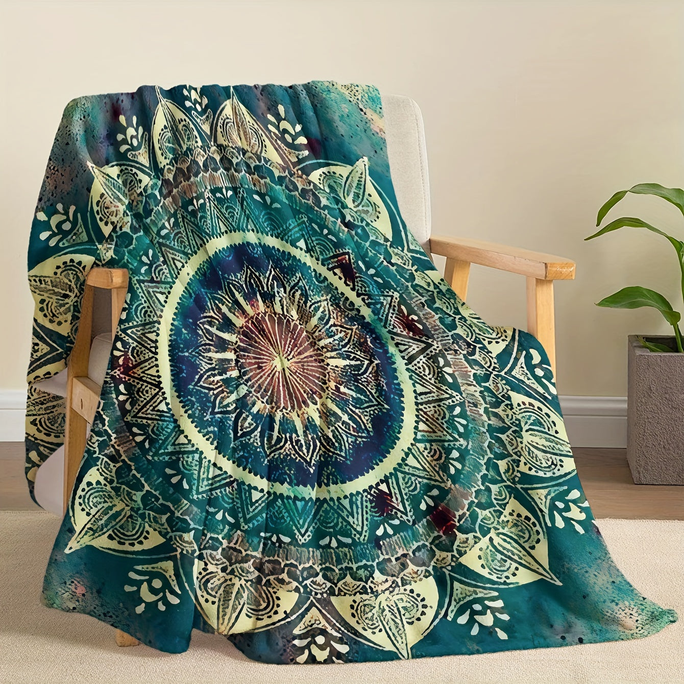 Bohemian Style Mandala Fleece Blanket Soft Polyester Vibrant Blue Green Yellow for Sofa Bedding Napping