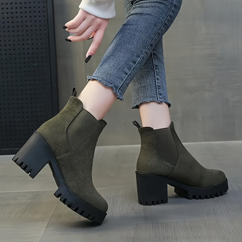 Women's Short Boots With Chunky Heel, Stretch Fabric, Comfortable Ankle Shoes