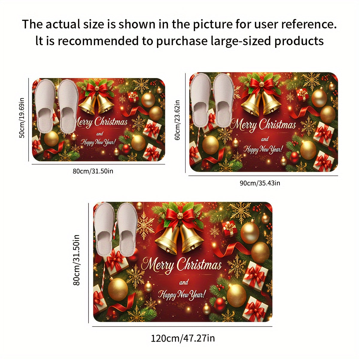 Christmas Doormat Non-Slip Plush Red Gold Bells Snowflakes 1.2cm Thick