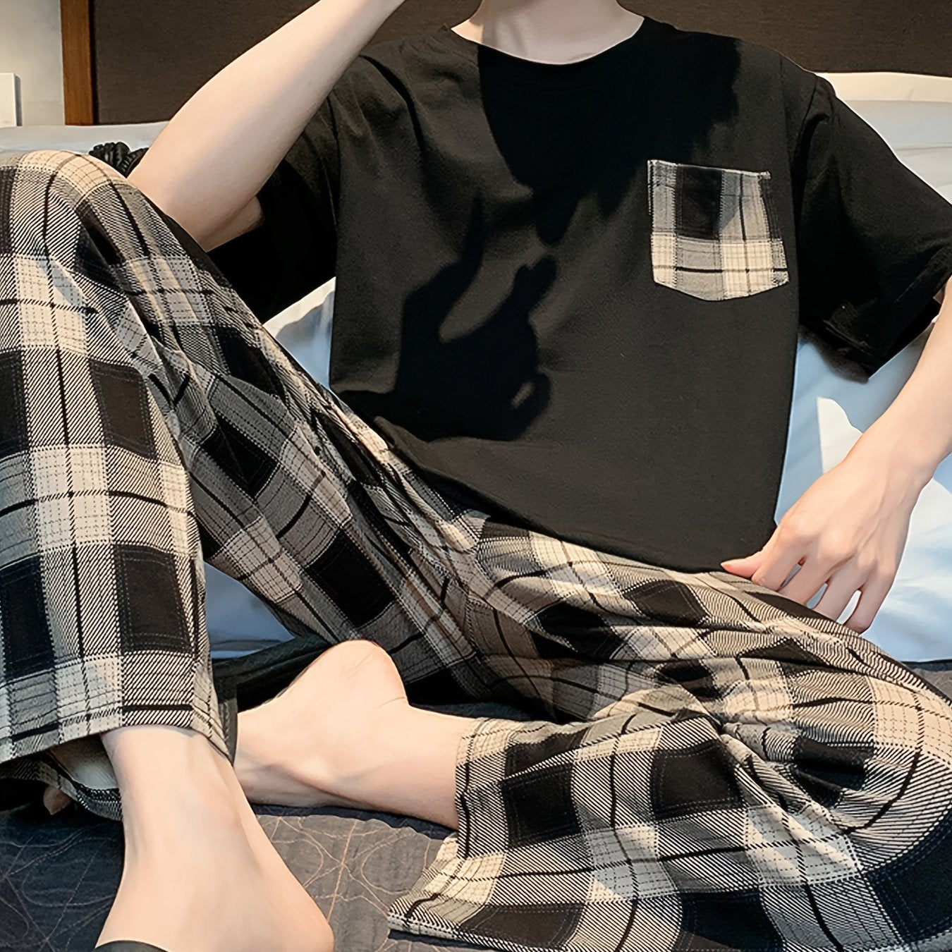 Men's Short Sleeve Plaid Pajama Set Polyester Casual Summer