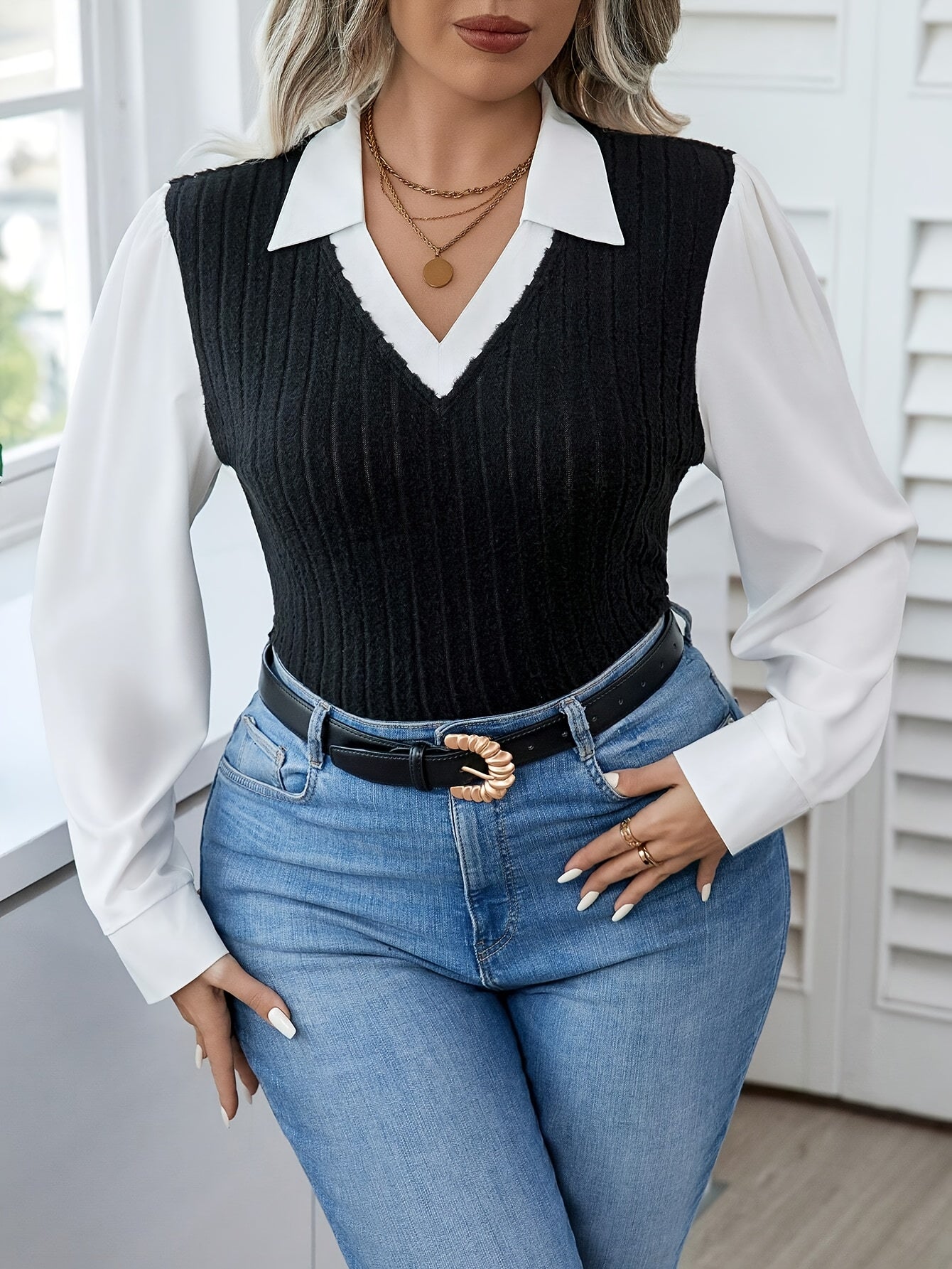 Plus Size Women's Colorblock V-Neck Long Sleeve Blouse Ribbed Knit Semi-Sheer Polyester