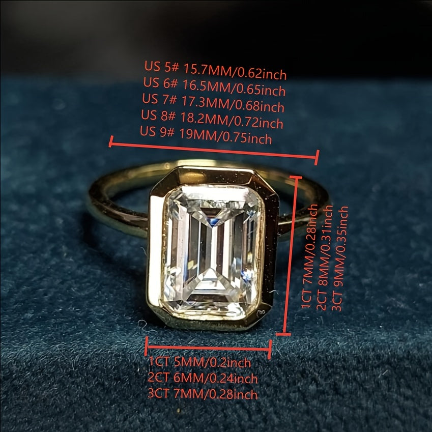 Vintage uslubidagi Emerald-Cut kubik zirkoniya uzuk, 1CT, 2CT yoki 3CT variantlari bilan, S925 kumush va oltin qoplama bilan tayyorlangan, to'rtburchakli sakkizburchakli dizayni bilan, og'irligi 2.5g, uzun va to'rtburchak shaklida.