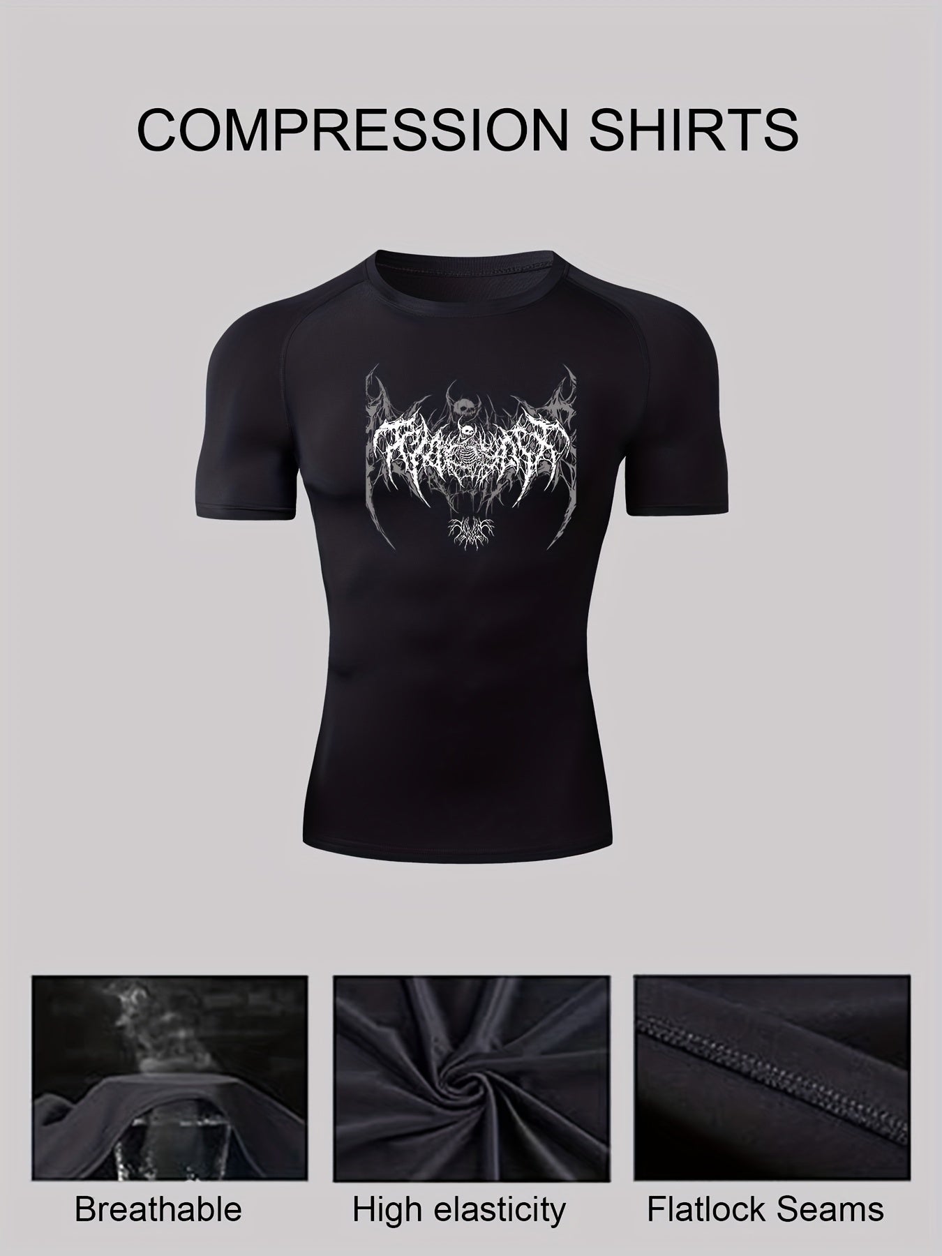 Men's Sports Set Short Sleeve Skull Wings Print Tight Fit Shirt and Solid Color Multi-Pocket Shorts