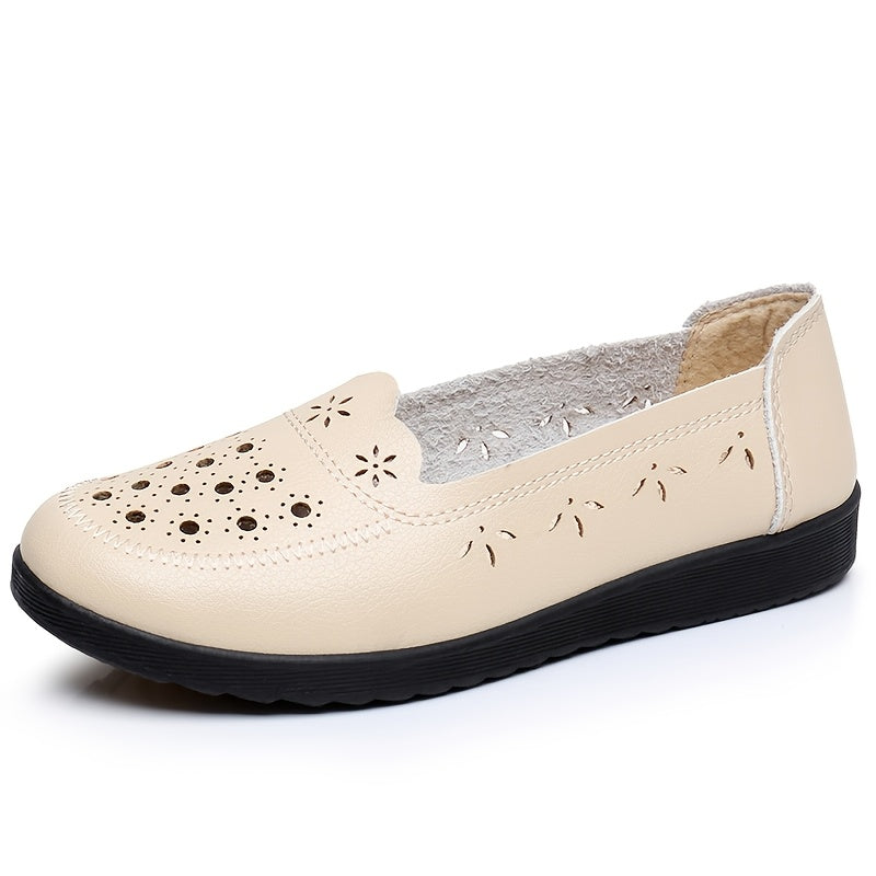 Women's Summer Slip-On Flat Sandals with Floral Cutouts Non-Slip PU