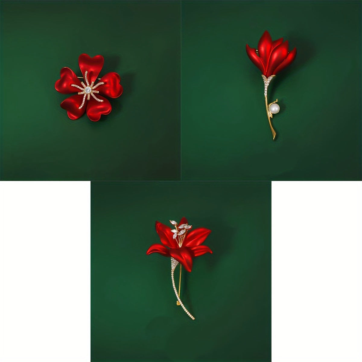 Red Flower Brooch Pins Set for Women Alloy Stylish Daily Wear Accessories