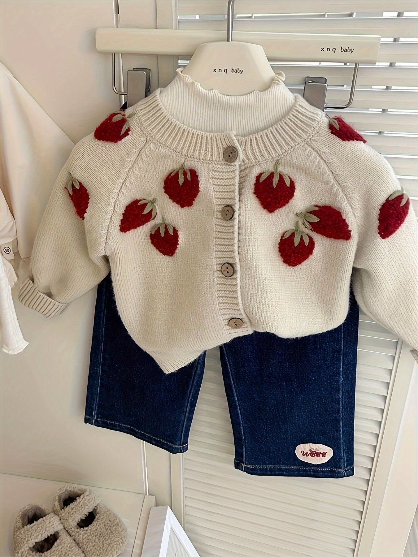 Детский кардиган из акрилового микса с узором из клубники, круглый вырез, застежка на пуговицы, для весны и осени