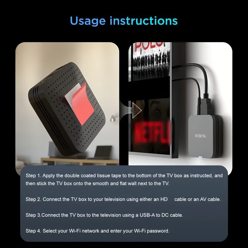 WU DUNG Mini Smart TV Box, Allwinner H313 to'rt yadroli chipi, Android 10.0, 2GB RAM, 16GB ROM, 2.4G WiFi, 4K qo'llab-quvvatlash, devorga yoki televizor orqasiga o'rnatish uchun ixcham o'lcham.