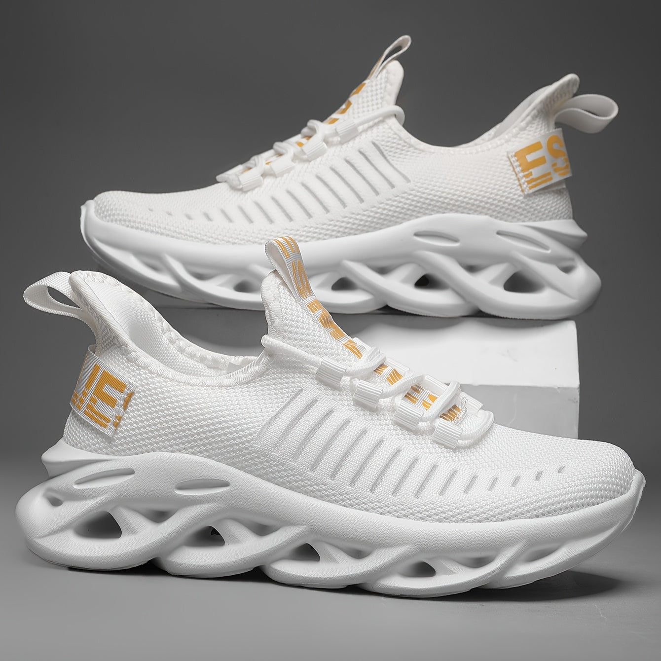 Women’s Breathable Knit Running Sneakers White Orange Lightweight Cushioned