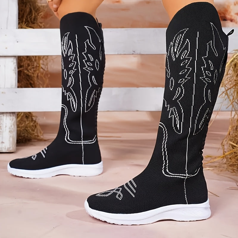 Women's Knee-High Winter Boots Fabric Snowflake Heel Cold Weather Footwear