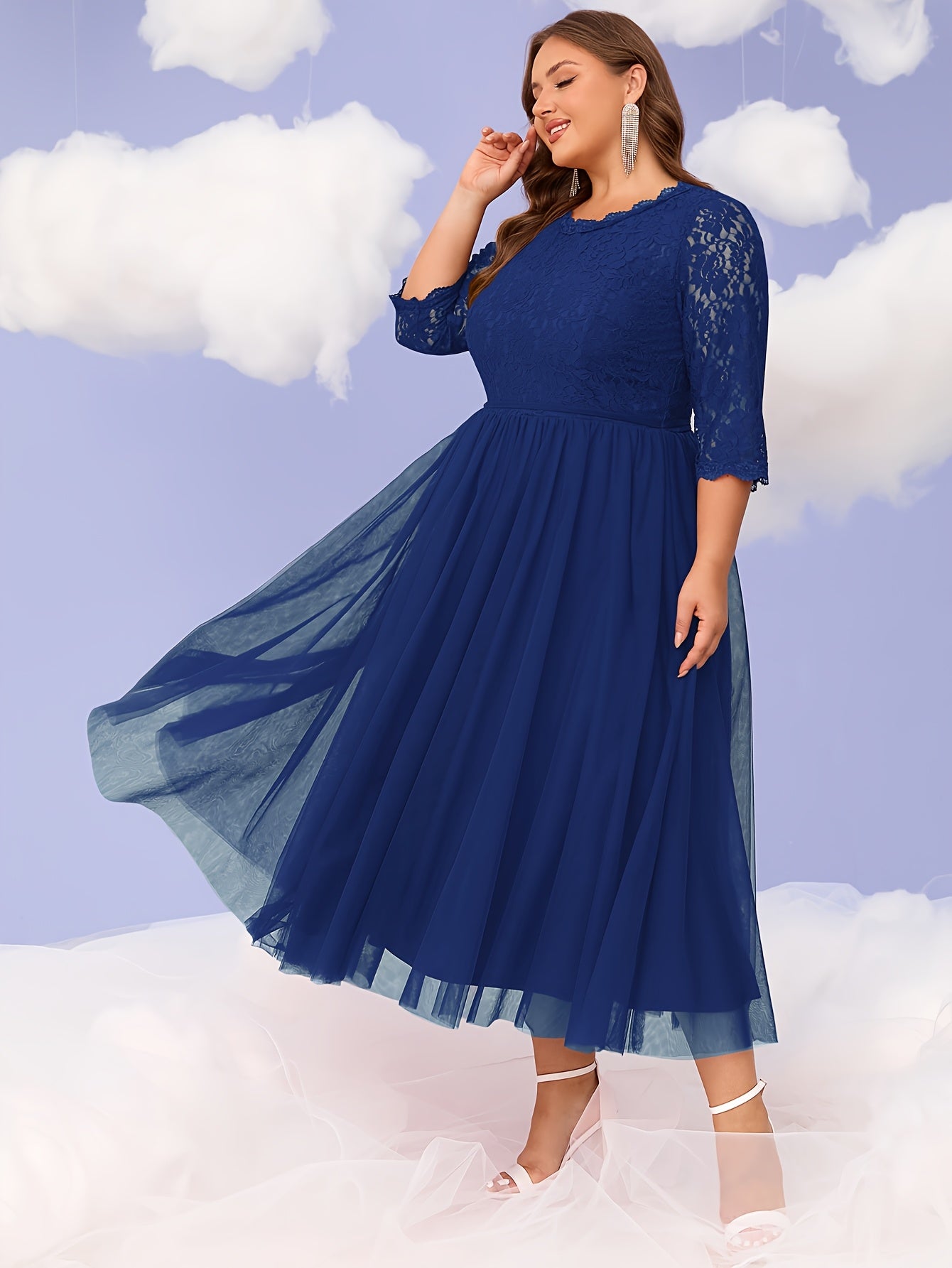 Plus Size Women's Black Lace Evening Gown Formal Party Dress Flared Hem