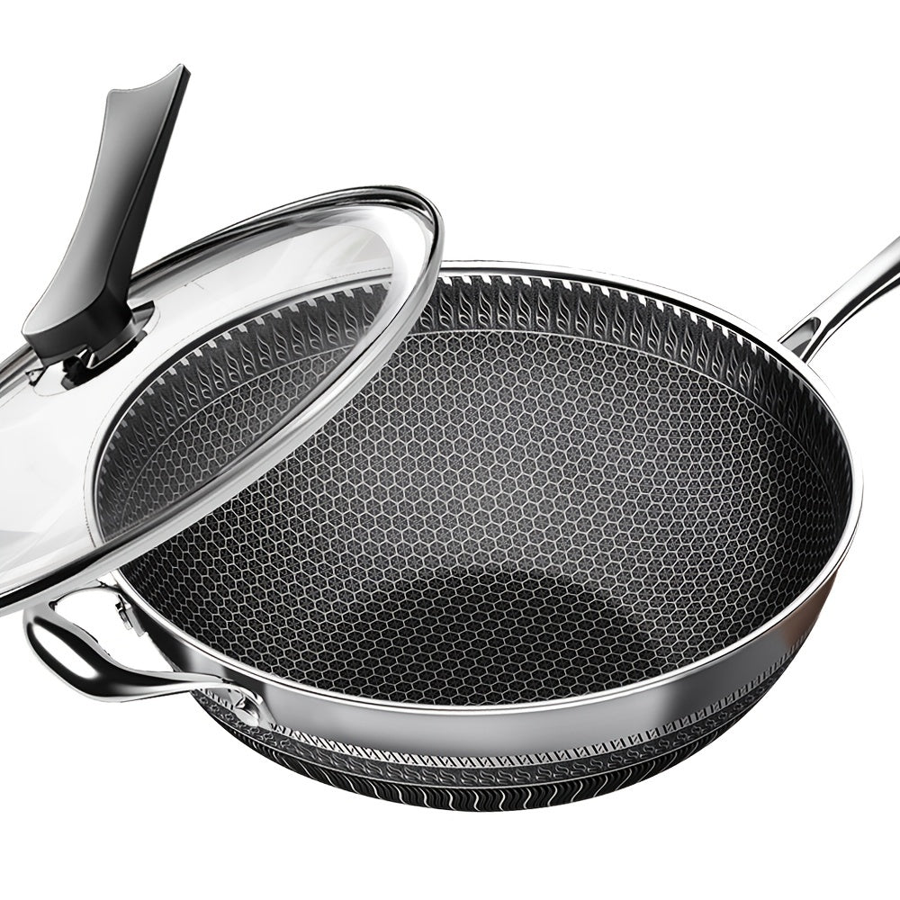 Stainless Steel Wok Set with Lid and Flat Bottom Pot for Gas, Electric, Ceramic Stoves
