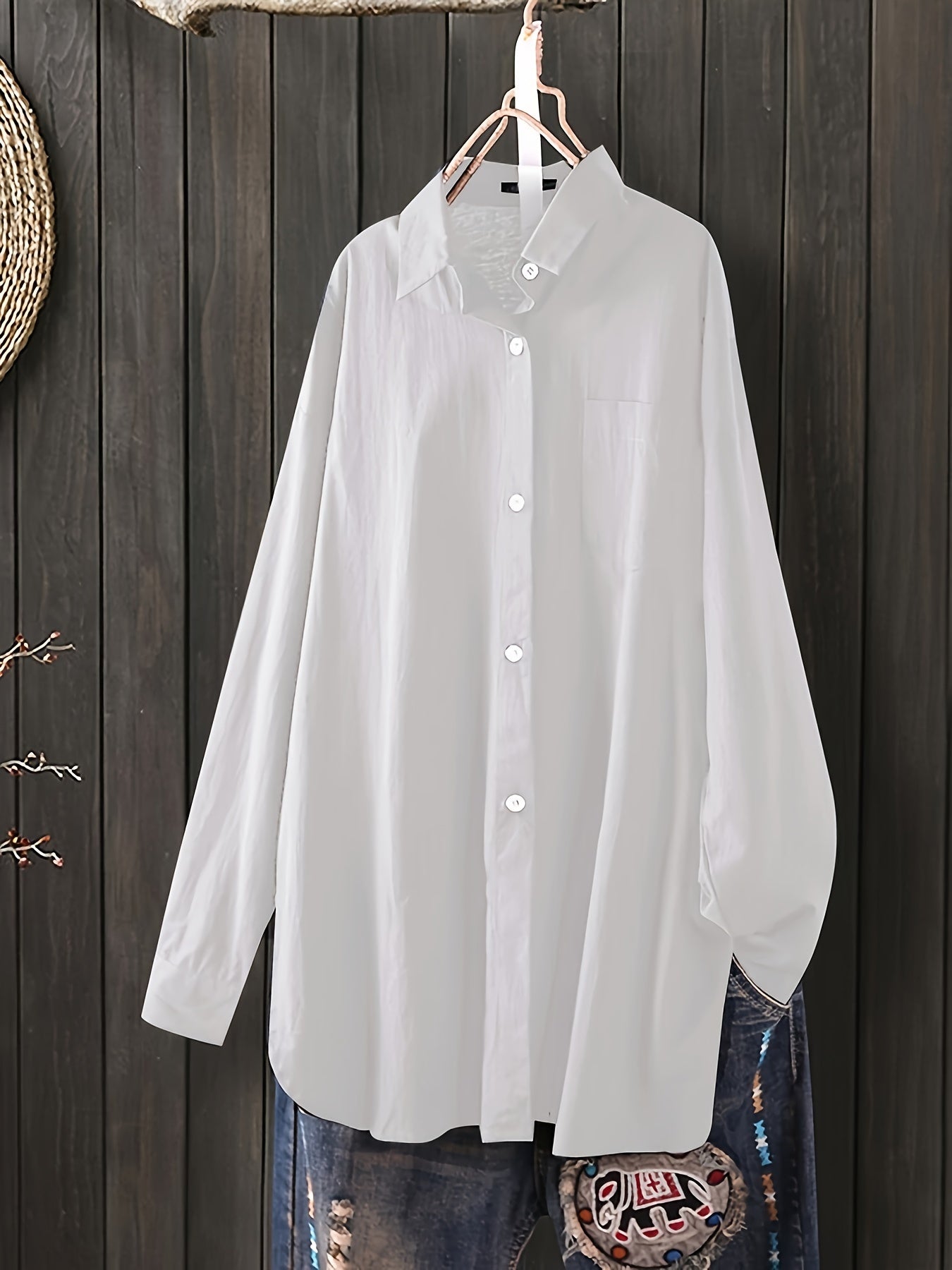 Women's White Cotton Long Sleeve Button-Up Office Shirt Loose Fit for Work or Casual