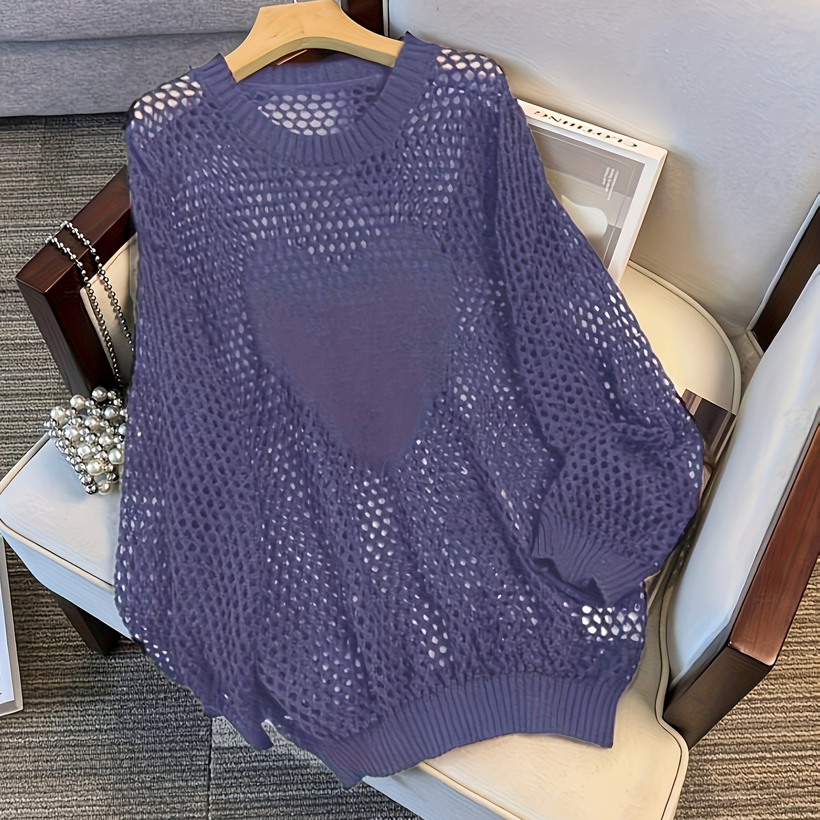 Женский свитер большого размера с длинными рукавами и вырезами в виде сердечек, дышащий повседневный топ