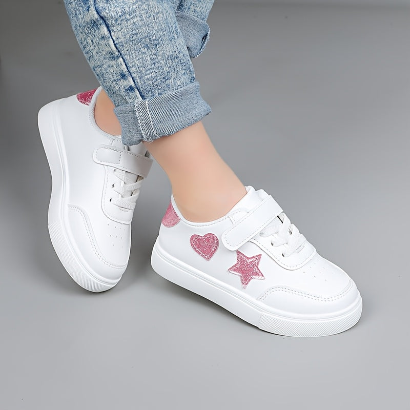 Girls' Spring Sneakers with Heart and Star Designs White Casual Shoes for Kids