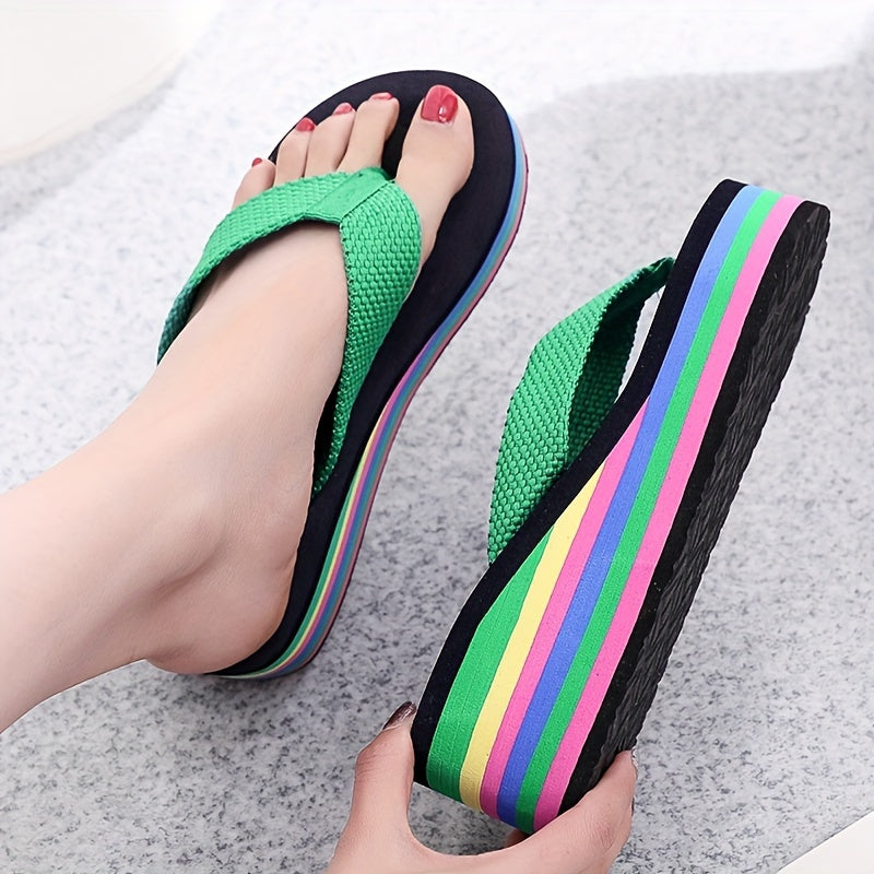 Women's Summer Flip Flops with High Heels and Rainbow Sole for Seaside Vacation