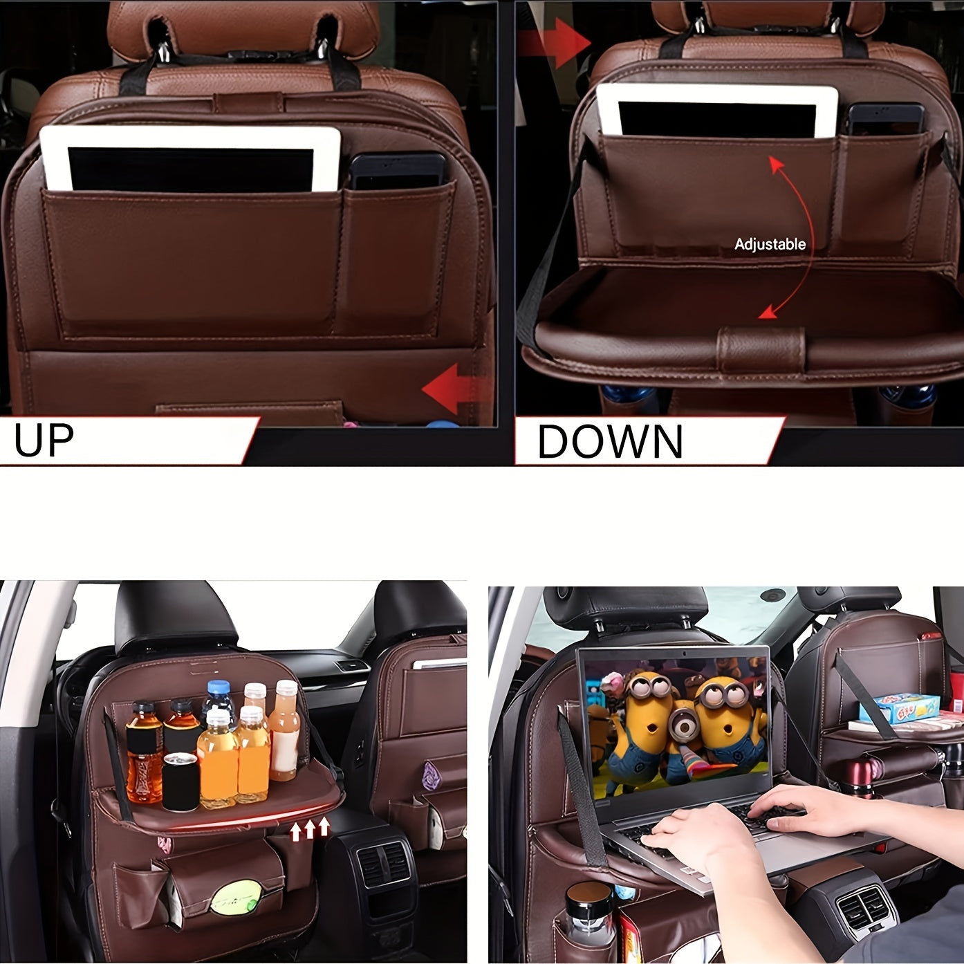 Universal Faux Leather Car Seat Organizer with Foldable Tray and Multiple Pockets